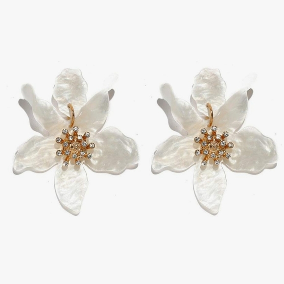 🆕White Iridescent Boho Large Resin Acrylic Rhinestone Flower Statement Earrings - Picture 1 of 2